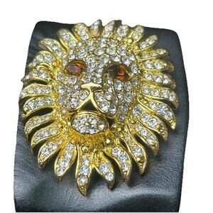 Vintage KJL Kenneth J Lane Gold Plated Pave Rhinestone Lion Pin Jewelry Pendant